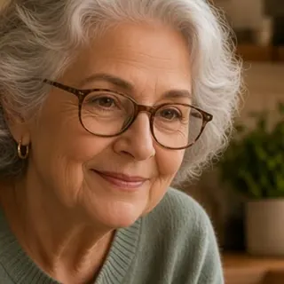 Close-up of the grandma in the story, with short white hair, glasses, and a pink cardigan.